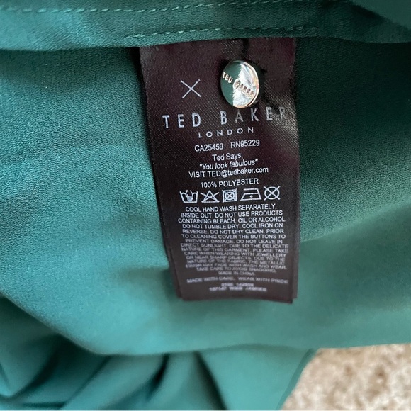 Ted Baker Jamiiee Puff Sleeve Foil Polka Dot Top Blouse Green Gold Size 5 Large - Picture 6 of 15